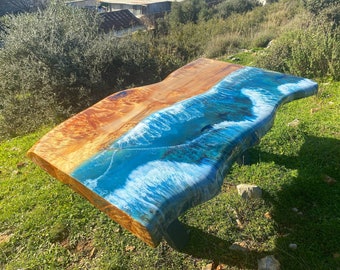 Custom Order Poplar Wood Live Edge Glossy Finish Lighter Blue White Sea Ocean River Epoxy Dining Table-Table Top-Coffee Table -%100 HANDMADE