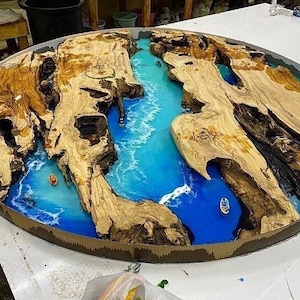 Custom Order Olive Blue Green White Ocean Design Round Epoxy Resin Dining Table- Coffee Table-Sea Table- Diameter Epoxy Table- %100 HANDMADE