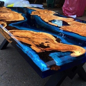 Custom Order Olivenholz Sea Ocean İce Weiß Blau Epoxy Couchtisch - Esstisch - Flusstisch - Harztisch - Küchentisch-%100 HANDMADE