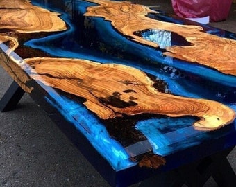 Custom Order Olive Wood Sea Ocean İce White Blue Epoxy Coffee Table - Dining Table - River Table - Resin Table - Kitchen Table-%100 HANDMADE