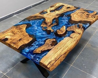 Aangepaste volgorde olijfhout Live Edge Sea Ocean Design blauwe epoxy salontafel-eettafel-rivier tafel-hars tafel-keukentafel-%100 HANDGEMAAKT