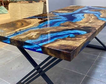 Custom Order Hackberry Wood Sea Ocean İce Design Blue Epoxy Coffee Table-Dining Table-River Table-Resin Table-Kitchen Table-%100 HANDMADE