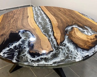 Mesa de comedor de resina epoxi redonda blanca con remolinos de color gris ahumado en 3D y pedido personalizado, mesa de río, mesa de centro, mesa de cocina, 100 % hecha a mano