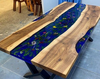 Custom Order Flowers Walnut Blue Epoxy Resin Table -Dining Table-Coffee Table-Epoxy End Table-Office Table-Kitchen and Dining- %100 HANDMADE