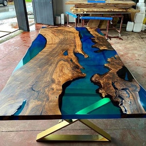 Custom Colors Dark Walnut Blue Green Epoxy Table -Live Edge-River Table- Dining Table- Coffee Table-Kitchen Table-Resin Table- %100 HANDMADE