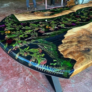 Kundenbestellung Blumenblumen Dunkle Walnuss Oval Schwarz Epoxidharz Tisch- Esstisch- Couchtisch - Bürotisch-Küchentisch-%100 HANDMADE