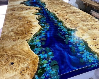 Custom Order Poplar Wooden River Deep Blue Tropical Design Aquarium Epoxy Table-Resin Table-Dining Table-Coffee Table-Ocean-%100 HANDMADE