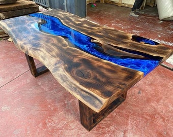 Custom Order Dark Brown Walnut Blue İce Epoxy Table -Live Edge- River Table- Dining Table- Coffee Table- Wooden Legs-Kitchen- %100 HANDMADE