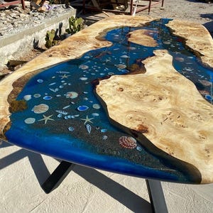 Oval Aquarium Poplar Wood Ocean Sea Resin Art Epoxy Table, Oval Dining Table Top, Wooden Oval Table, River Modern Oval Table,Handmade Table