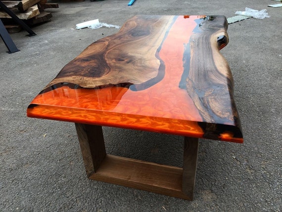 Custom Order Dark Walnut Lava Orange Epoxy Table - Live Edge