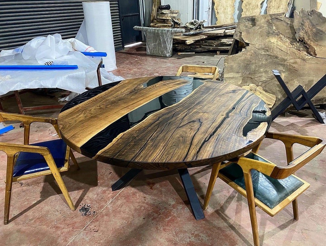 Custom Order Diameter Brown Dark Walnut Black Round Epoxy Table