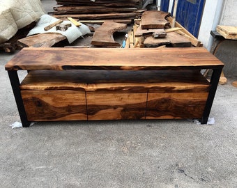 Custom Order Solid Dark Brown Walnut Wood Live Edge Tv Unit - Natural Wooden-Media Console - Wooden Tv Stand -Console-Credenza-%100 HANDMADE