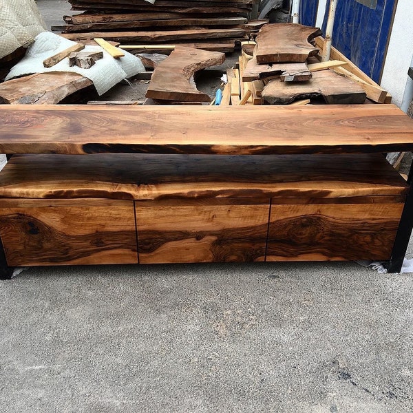 Custom Order Solid Dark Brown Walnut Wood Live Edge Tv Unit - Natural Wooden-Media Console - Wooden Tv Stand -Console-Credenza-%100 HANDMADE