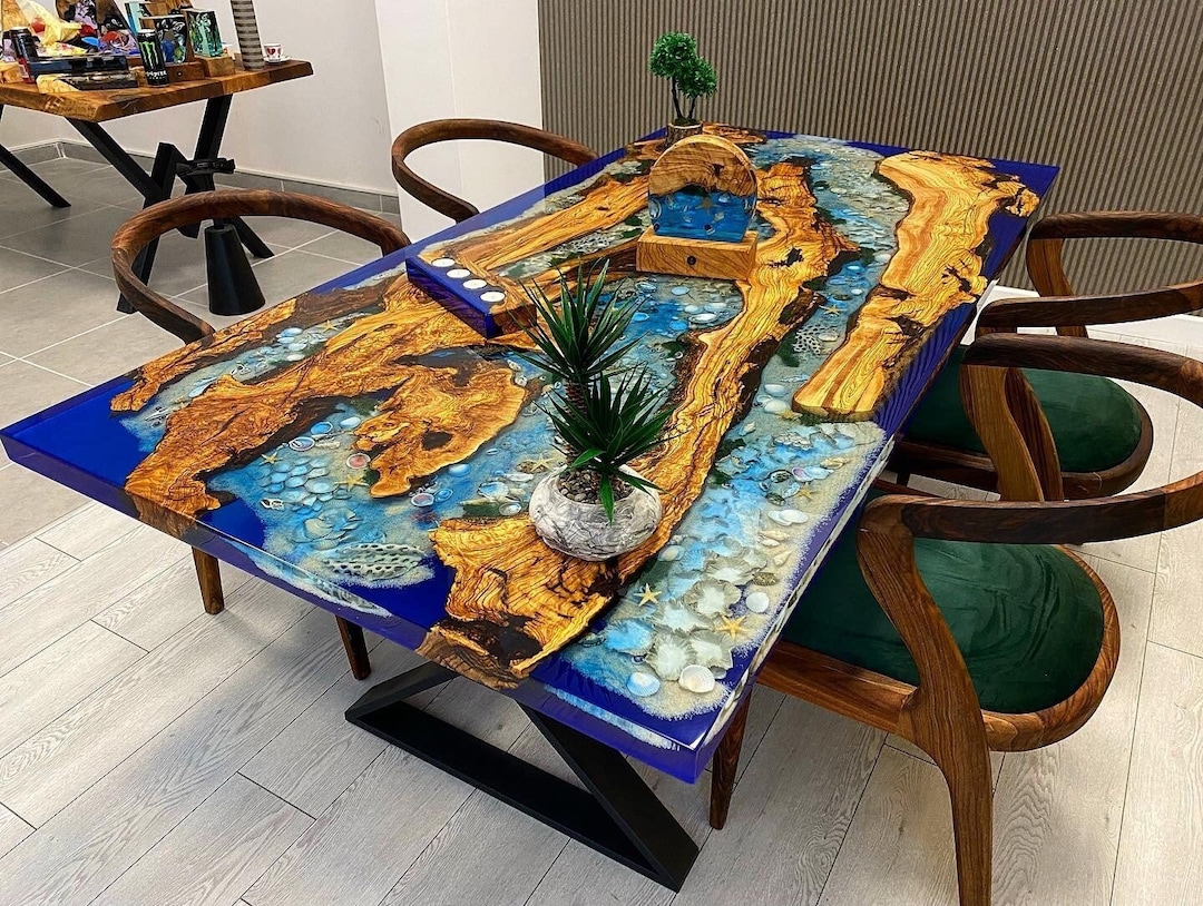Custom Order Olive Wood River Blue Beige Turquoise Aquarium Epoxy  Table-resin Table- Dining Table-coffee Table-ocean Sea Table-%100 HANDMADE 