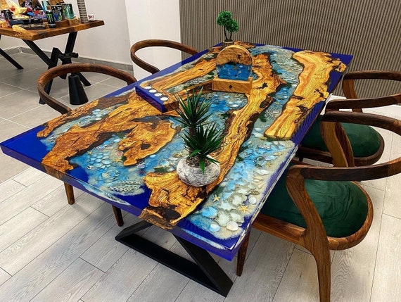 Kundenspezifische Bestellung Olivenholz Fluss Blau Beige Trkis Aquarium  Epoxy Tisch-Resin Tisch-Esstisch Couchtisch-Ozean Tisch-%100 HANDMADE -  Etsy sterreich