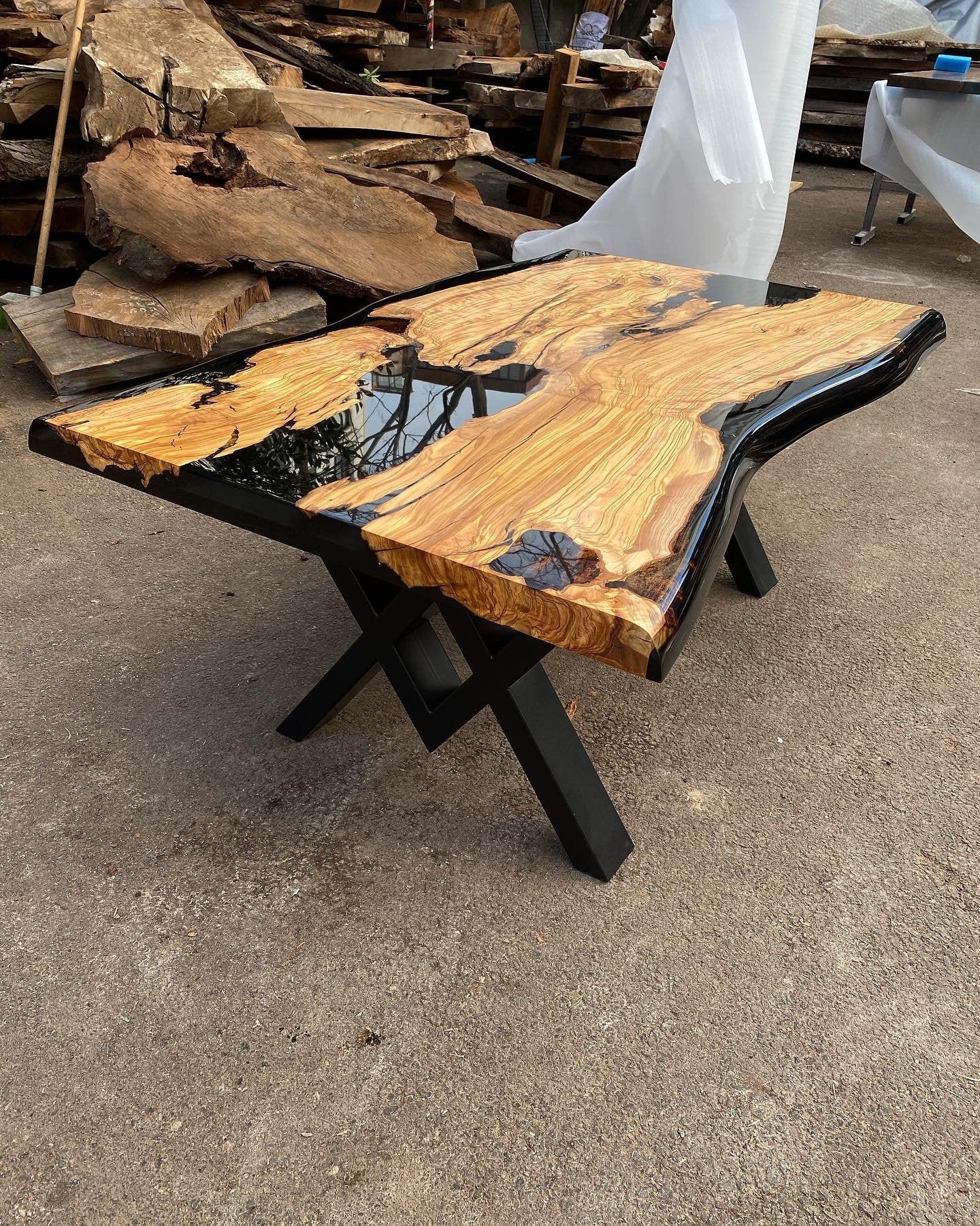 Custom Order Olive Wood Curved Edge Black Epoxy Table Coffee Table