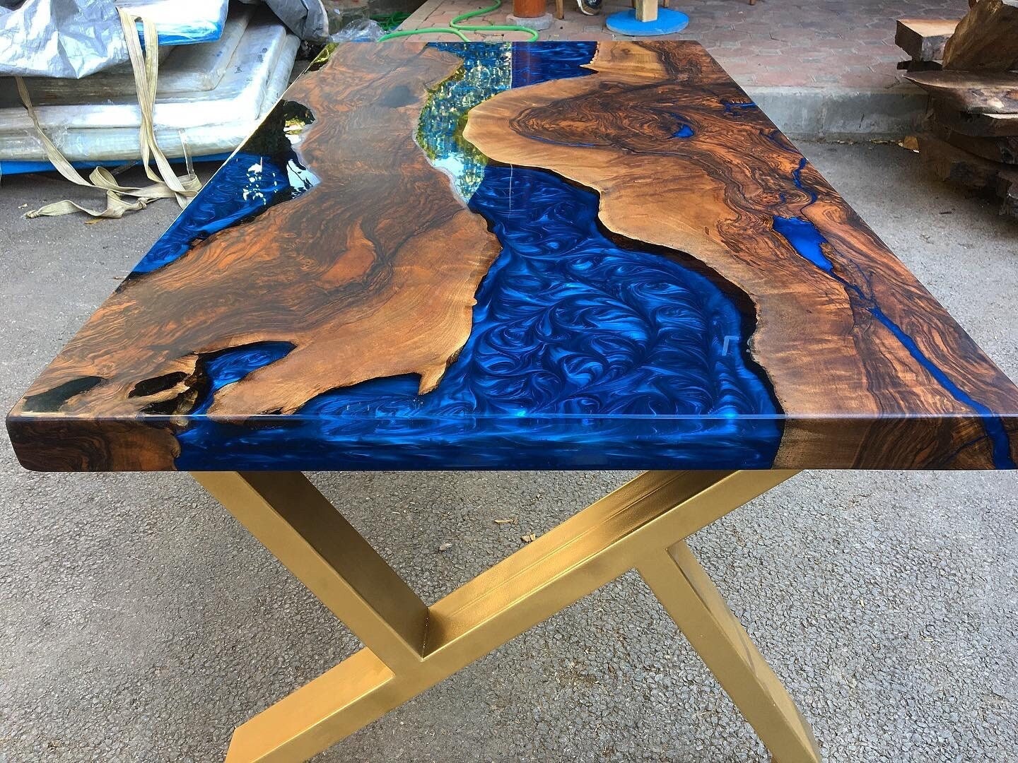 Blue and Black Epoxy Resin Custom Coffee Table with Glass Top