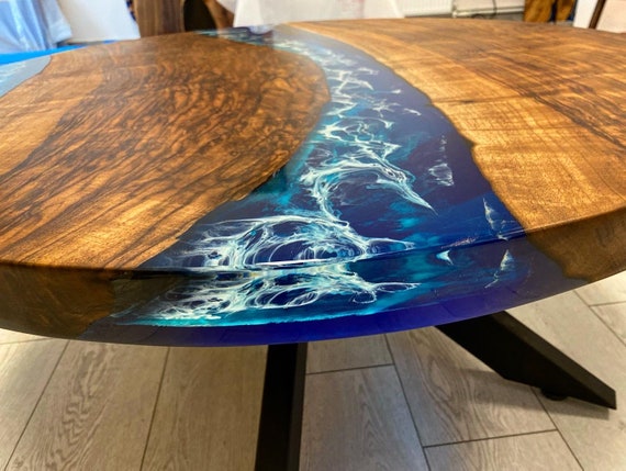  TUZECH Customized Resin Epoxy Round Table Top, Ocean Blue Resin  with Stones, Coffee Table Design, Resin Table, Luxury Decor Table, Walnut  Table, Wooden Resin Table (Without Stand, 36 x 36 Inches) 