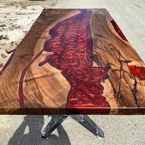 Kundenspezifischer Auftrag Spezieller Walnuss-Roter Epoxidharz-Esstisch - Harz-Kaffeetisch - Epoxy-Beistelltisch - Epoxy-Flusstisch-Holztisch-%100 HANDMADE