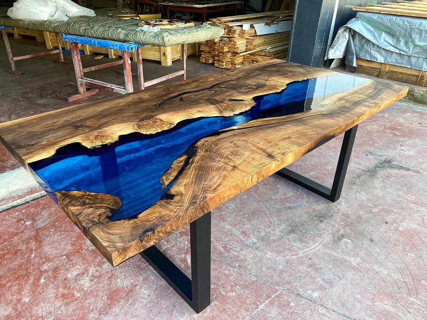 Custom Order Dark Walnut Blue Transparent Epoxy Table - Resin