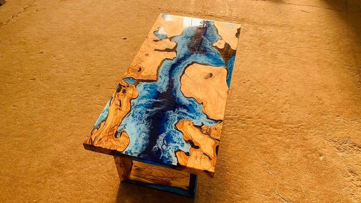 Custom Order Olive Blue White Ice Design Epoxy Table – River Table- Coffee  Table – Ories Wood