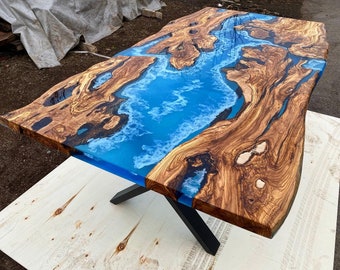 Olive Wood Coffee Table with Slate Blue Epoxy River Encasement – WoodLab
