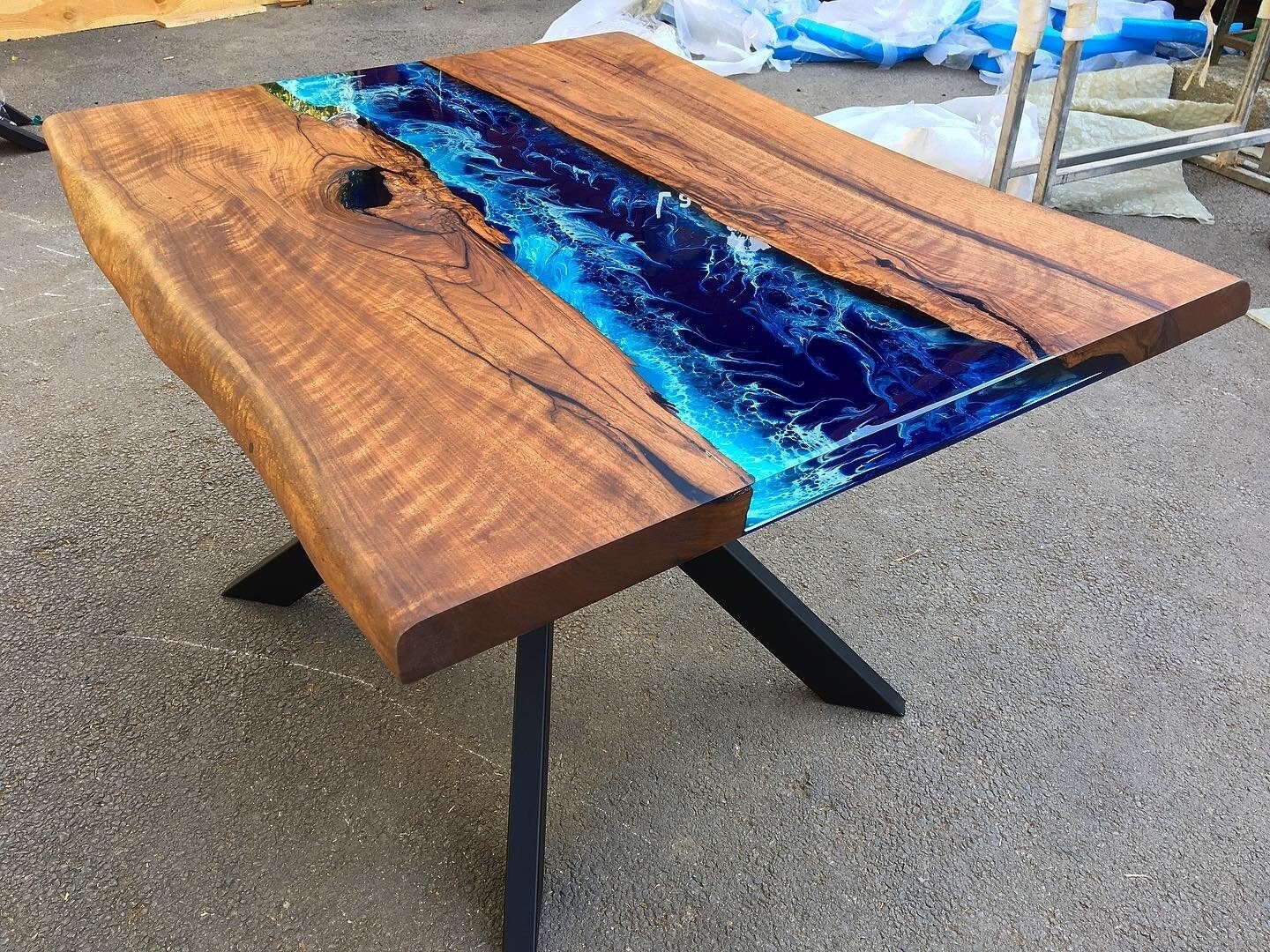 Custom Blue Epoxy Resin Olive Wood Dining Table - Gul Natural