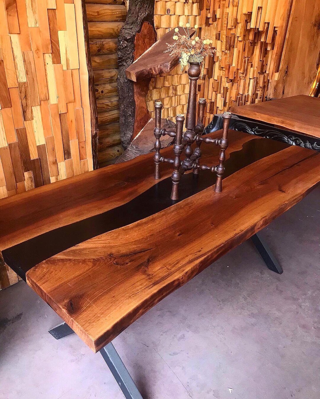 Custom Order Walnut Black Epoxy Table Rustic Design Live Etsy