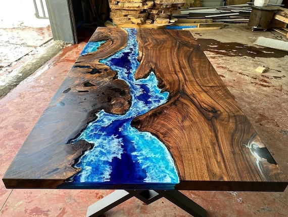 Custom Order Dark Walnut Blue Turquoise River Epoxy Table Dining