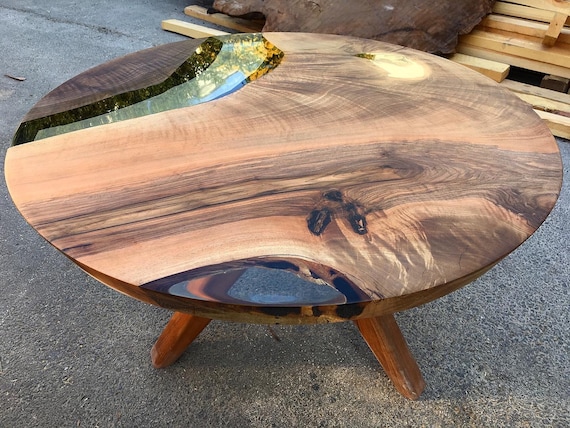 Custom Order Diameter Transparent Walnut Clear Round Epoxy Table- Walnut Legs - Dining table - Kitchen and Dining- Resin Table-%100 HANDMADE