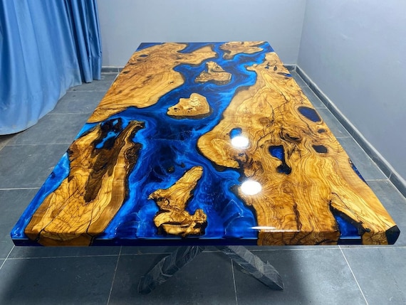 Custom Order Olive Wood Full Epoxy Coating Blue White Dining Table- Resin Table- Ocean Sea Table-Resin Coffee Table-End Table- %100 HANDMADE