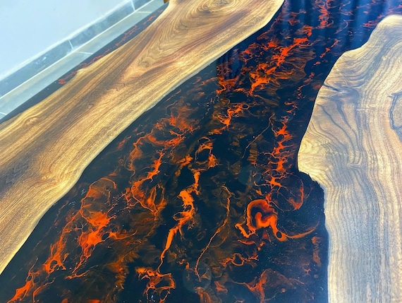 Custom Order Dark Walnut Lava Flame Black Red Oval Epoxy Table