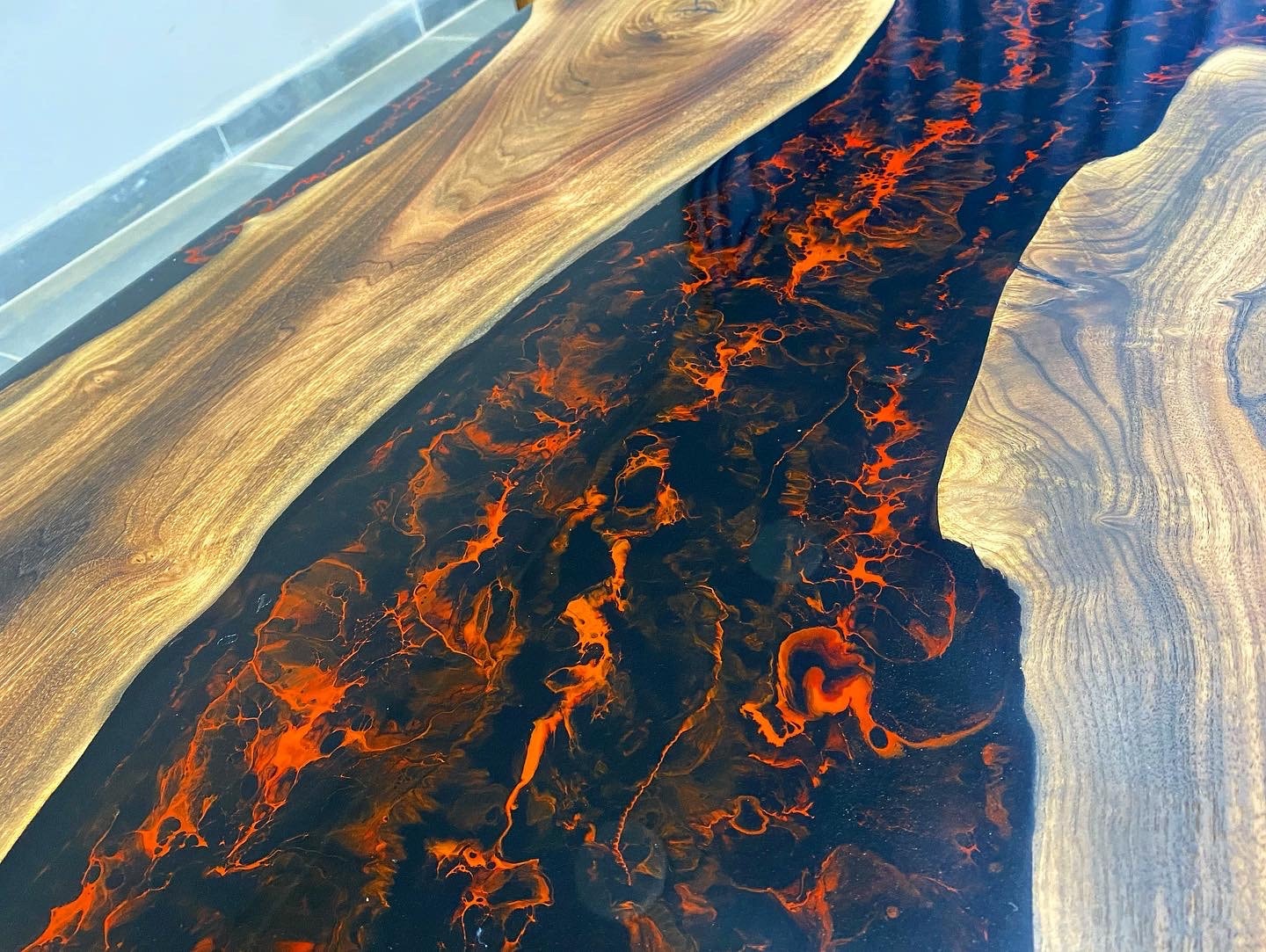 Custom Order Dark Walnut Lava Flame Black Red Oval Epoxy Table