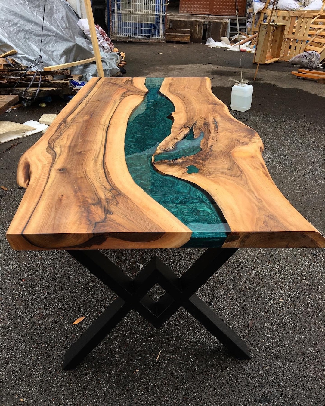 Custom Order Walnut Emerald Green Design Transparent Epoxy Table