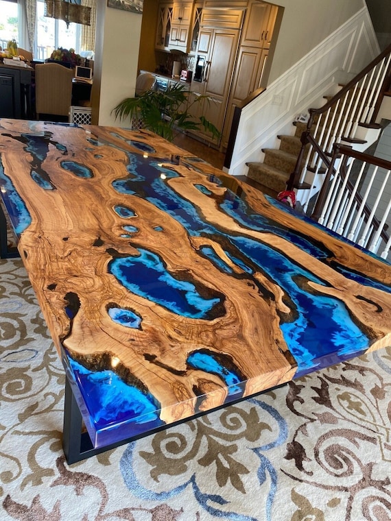 Custom Order Olive Ocean Sea Design Blue Epoxy Coffee Table Dining