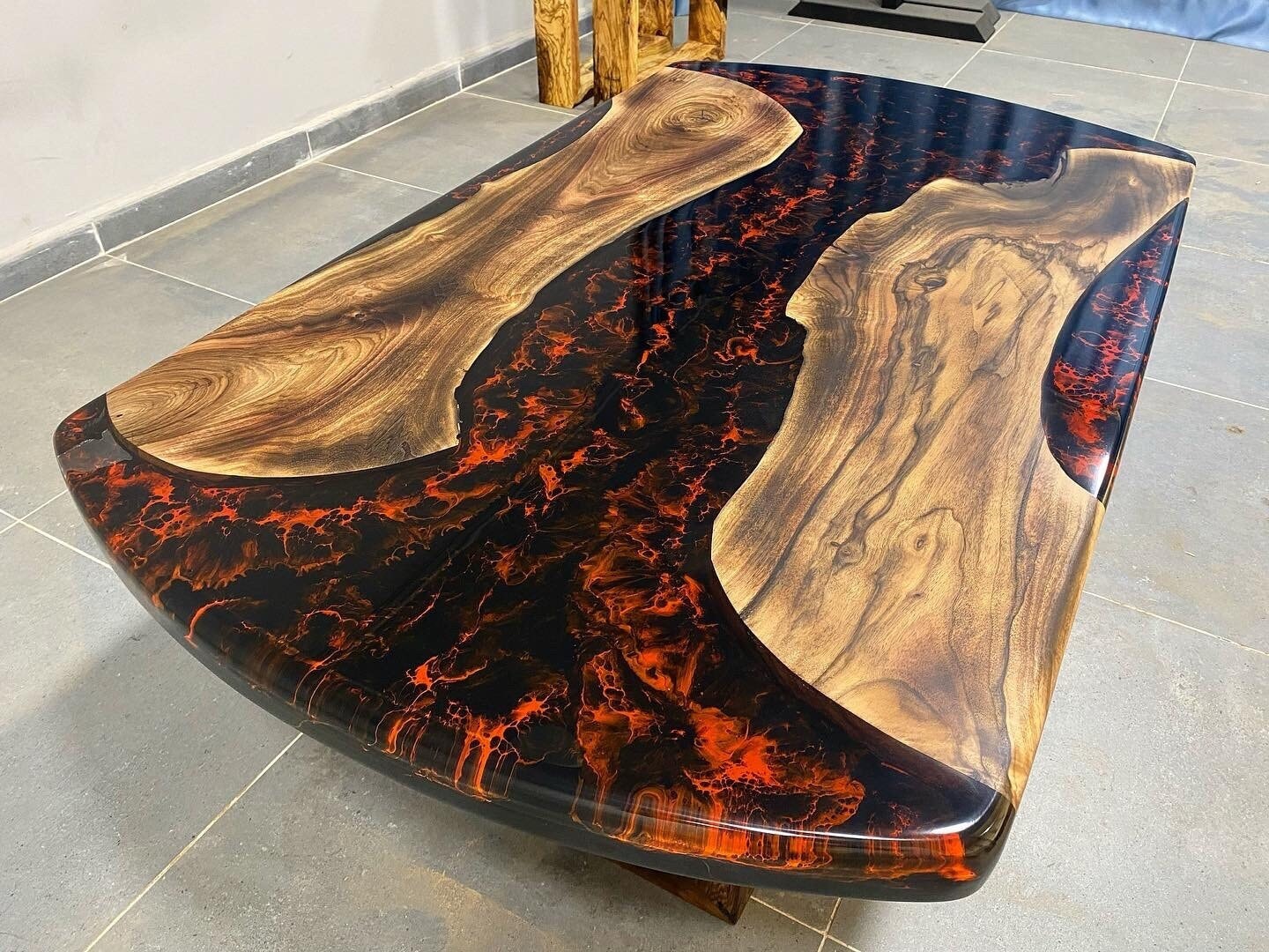 Custom Order Dark Walnut Lava Flame Black Red Oval Epoxy Table