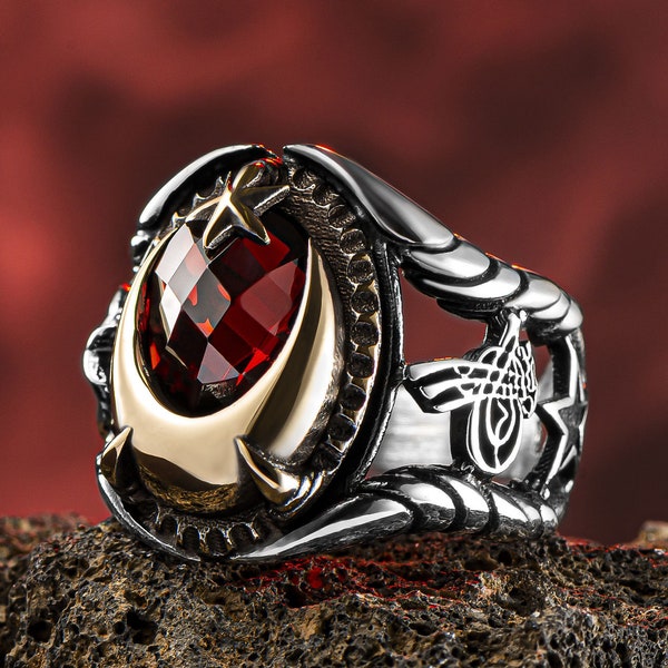Men's Silver Ottoman Ring Tughra with Waw and Crescent Moon
