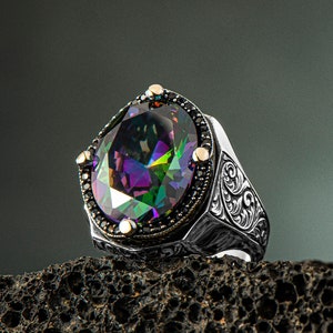 Handmade Mystic Topaz Ring, Hand Engraved Silver Ring, Gemstone  King Crown Design Silver Ring, Men 925 Sterling Silver Ring, Gift For Him,