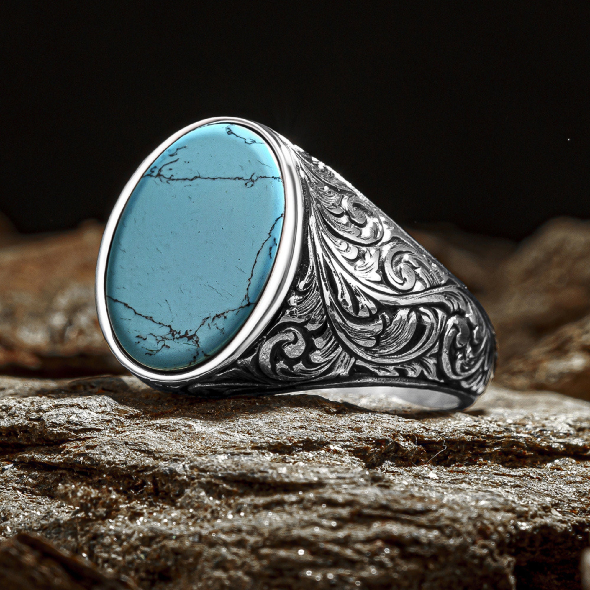 Men Blue Turquoise Square Stone Silver Titanium Stainless Steel Ring Men  7-15 | eBay