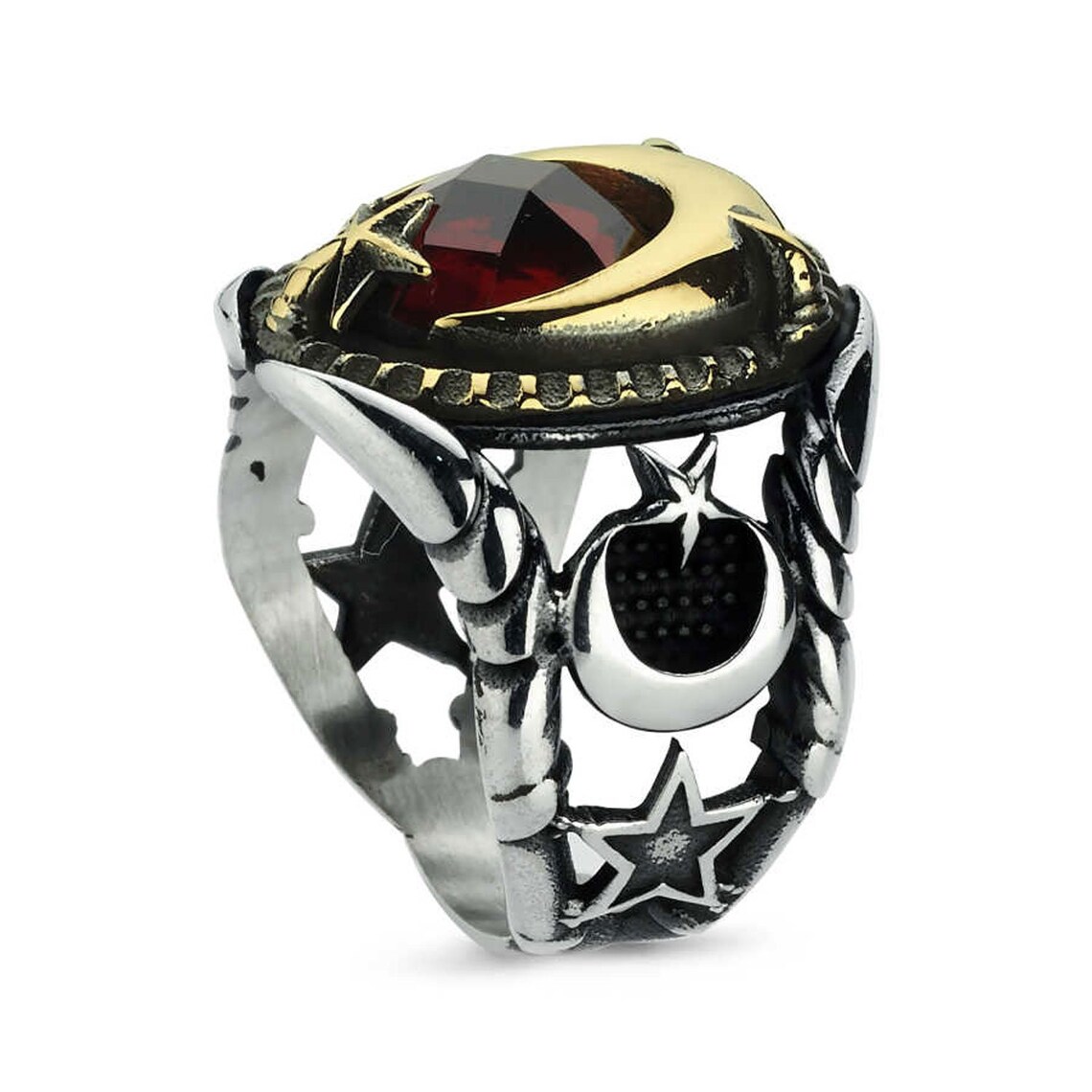 Turkish Flag Ring Moon and Star Ring Silver Men Ring Red Etsy