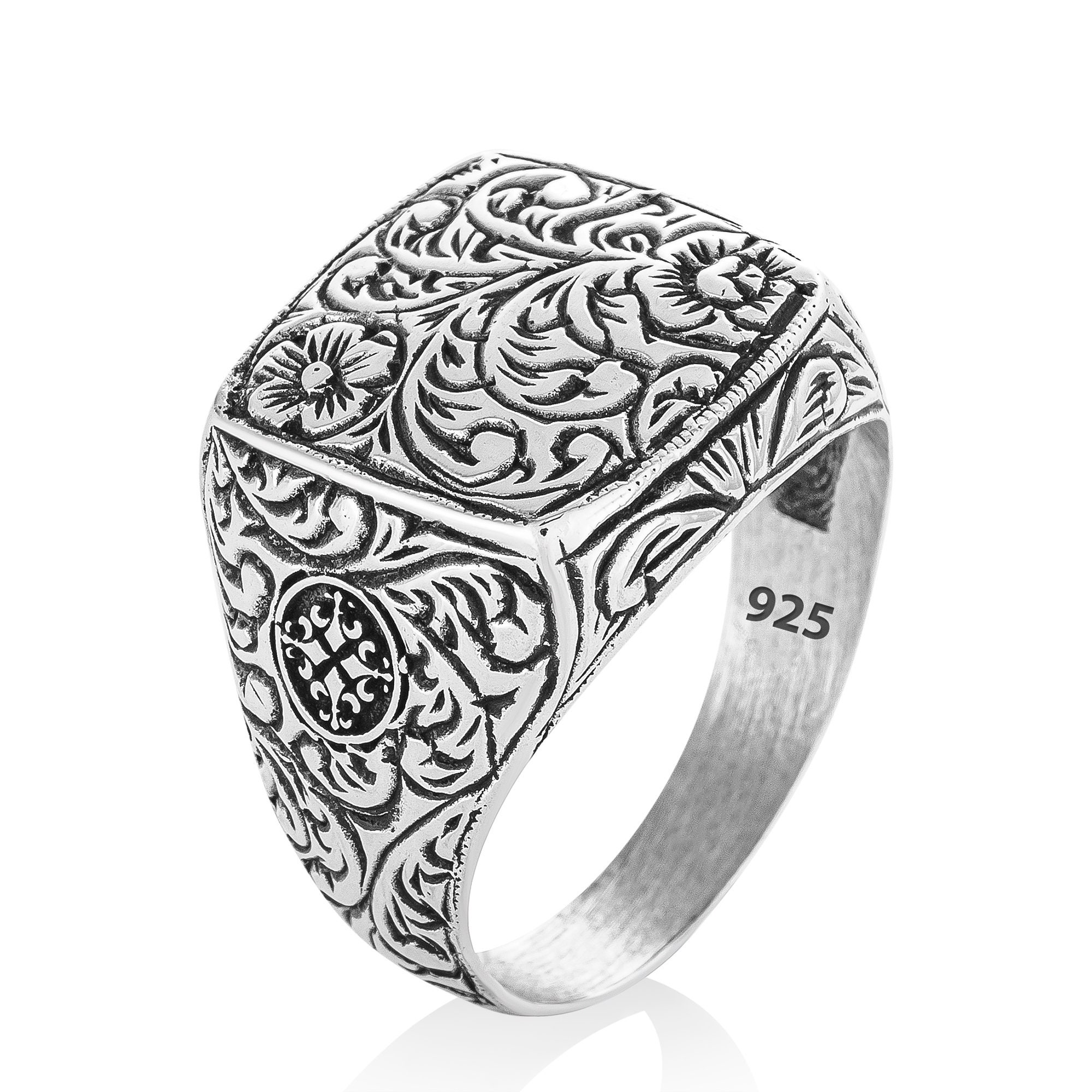 Hand Engraved Silver Ring for Men Square Silver Ring Mens Etsy