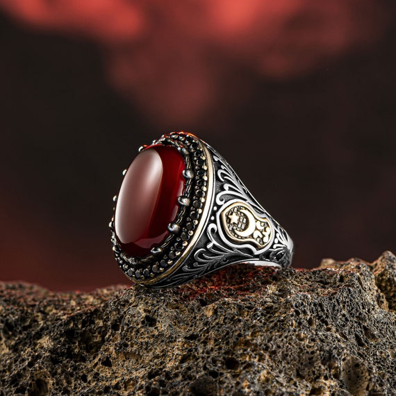 Oval Agate Stone Silver Ring with Symmetrical Designs » Anitolia