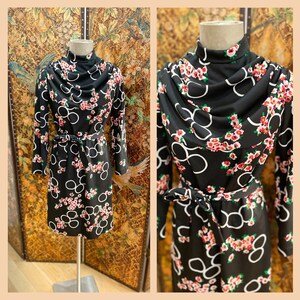 1970s Floral Draped Neck Polyester Dress
