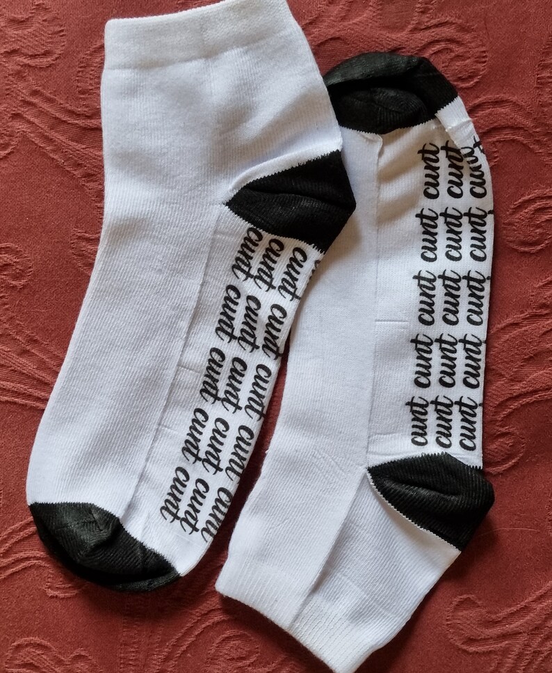 rude fun gift Adult ankle socks Ladies Trainer Sock with CUNT or TWAT design on sole 18+ feet sweary Mature