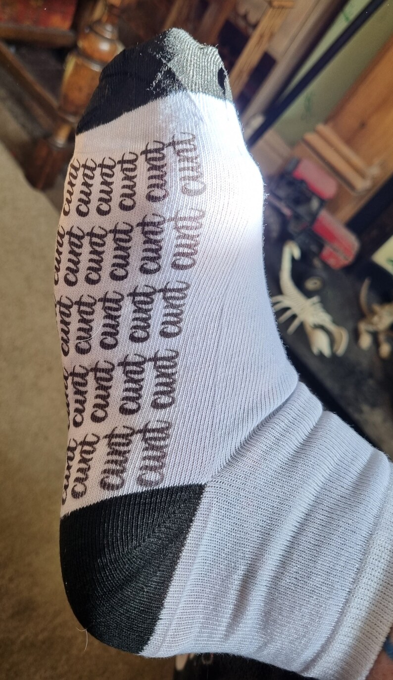 rude fun gift Adult ankle socks Ladies Trainer Sock with CUNT or TWAT design on sole 18+ feet sweary Mature