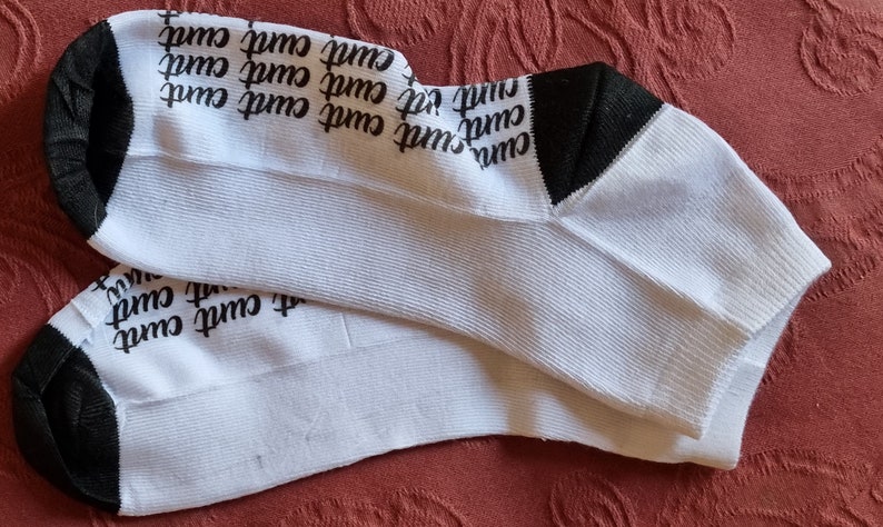 rude fun gift Adult ankle socks Ladies Trainer Sock with CUNT or TWAT design on sole 18+ feet sweary Mature