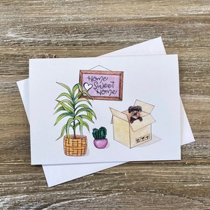Home Sweet Home | Cartão de casa nova | Cartão de inauguração de casa com cachorro e plantas | Cartão de boas-vindas | Presentes fofos de inauguração de casa