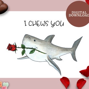 E-card eu mastigo-o | Download para impressão | Tubarão segurando rosa | Dia dos Namorados Tubarão | cartão do tubarão | cartão de tubarão imprimível | Cartão eletrônico tubarão
