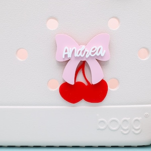 Cherry Ribbon Bogg Bag Charm, Bow Bag Accessory for Bogg Bag, Simple Modern Beach Bag Accessories, Gift For Her, Custom Name Plate Charm