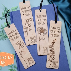 Teacher Bookmarks,Teacher Appreciation Gift,Thank you for helping me grow,Personalized Teacher Gift,Reading Gift,Birthday Gift,End of Year image 1
